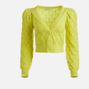 Alice + Olivia Gala Puff Sleeve Cropped Pointelle Knit Cardigan Lemon Sorbet M